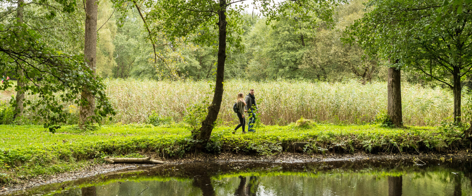 Zwei Menschen gehen auf einem Graspfad neben einem ruhigen Teich entlang, umgeben von üppigen grünen Bäumen und Vegetation.