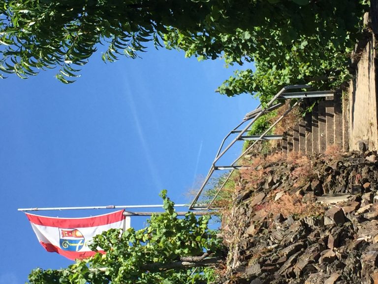 Steinstufen führen zwischen grünen Weinreben hinauf zu einem Fahnenmast mit einer rot-weißen Flagge vor einem klaren blauen Himmel.