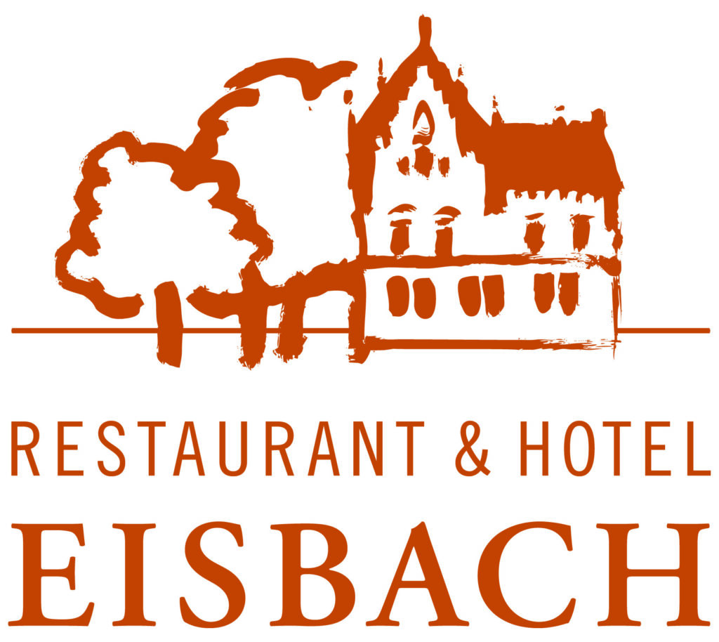 Logo des Restaurant & Hotel Eisbach mit einem illustrierten Gebäude und Bäumen in Orange und dem darunter geschriebenen Namen.