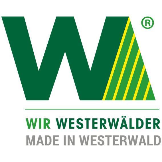 Großes grünes WA-Logo mit gelben Streifen, darunter steht WIR WESTERWÄLDER und MADE IN WESTERWALD auf weißem Hintergrund.
