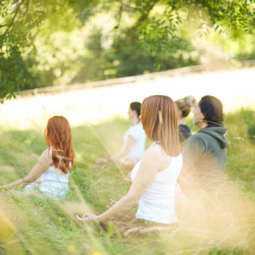 Menschen sitzen auf der Wiese und meditieren