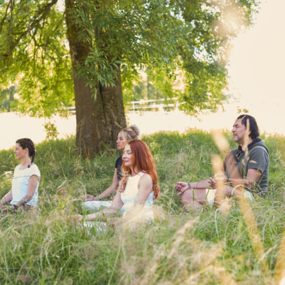 Menschen sitzen auf einer Wiese mit geschlossenen Augen und meditieren