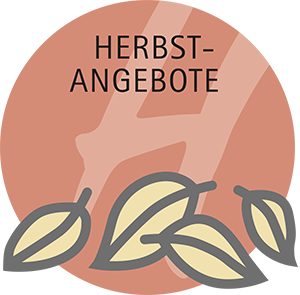 Illustration mit HERBST-ANGEBOTE-Text und drei stilisierten Blättern auf warmem, herbstfarbenem Hintergrund.