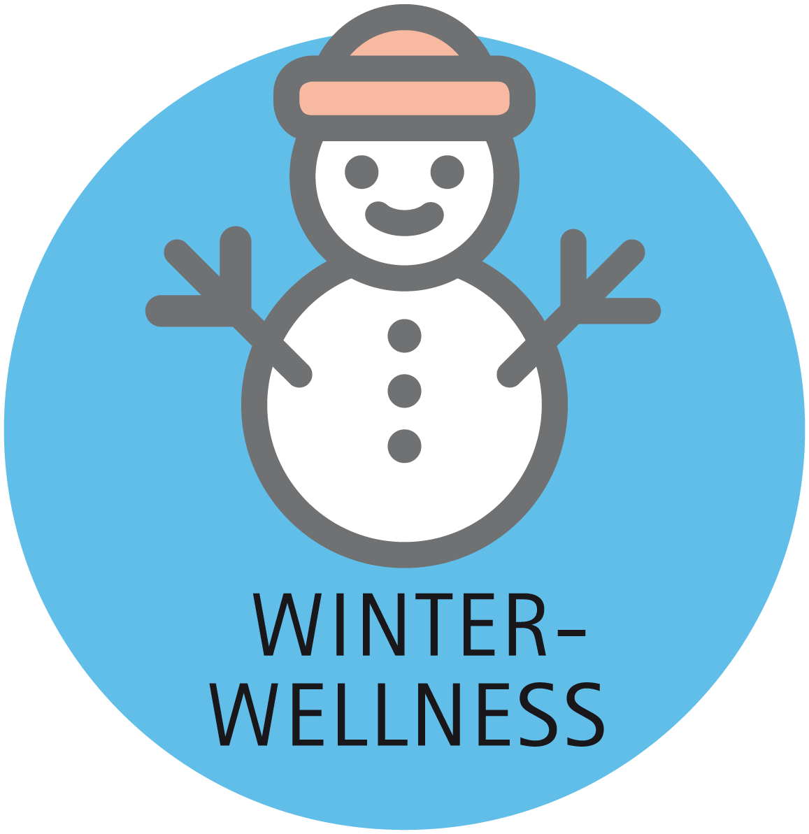 Ein lächelnder Schneemann mit Hut und dem Text WINTER-WELLNESS auf einem blauen, kreisförmigen Hintergrund.