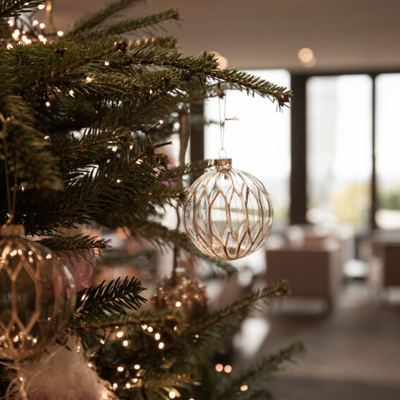 Nahaufnahme eines geschmückten Weihnachtsbaums mit Lichtern und Glasornamenten vor unscharfem Innenhintergrund.