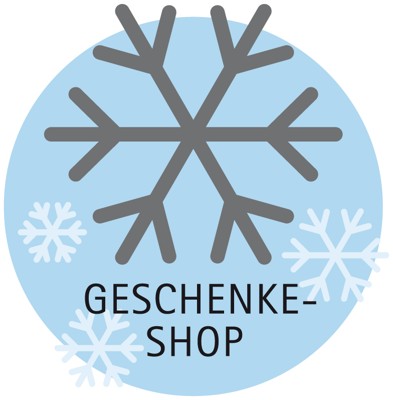 Große graue Schneeflocke mit GESCHENKE-SHOP-Text und zwei kleinere weiße Schneeflocken auf hellblauem kreisförmigen Hintergrund.