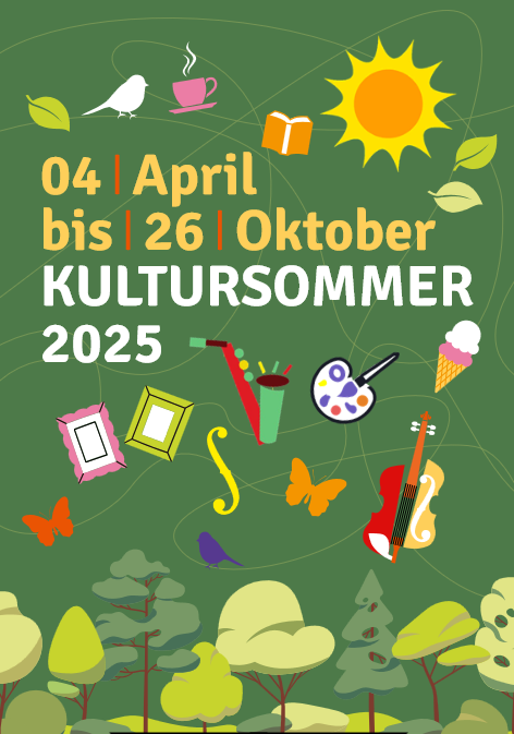 Illustration mit Bäumen, Sonne, Musikinstrumenten, Kunstgegenständen und Text: 04. April bis 26. Oktober KULTURSOMMER 2025.